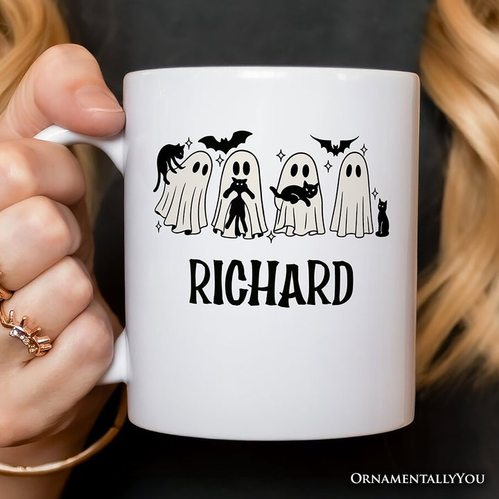 Ghosts and Cats Spooky Personalized Mug, Whimsical Halloween Gift with Custom Name Personalized Ceramic Mug OrnamentallyYou 
