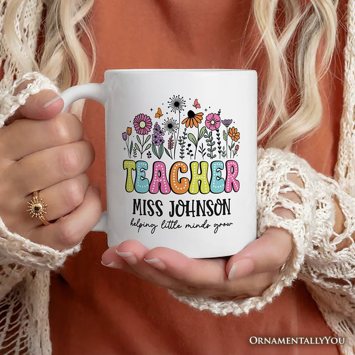 Helping Little Minds Grow Teacher Personalized Mug, Floral Appreciation Gift with Custom Name Personalized Ceramic Mug OrnamentallyYou 