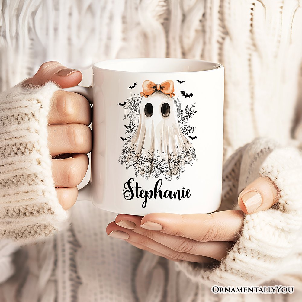 Coquette Ghost Personalized Mug, Cute Halloween Gift with Custom Name Personalized Ceramic Mug OrnamentallyYou 