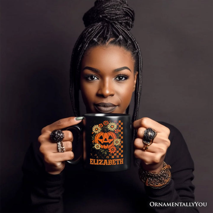 Checkered Floral Pumpkin Personalized Mug, Retro Preppy Halloween Gift with Custom Name for Spooky Season Vibes Personalized Ceramic Mug OrnamentallyYou 