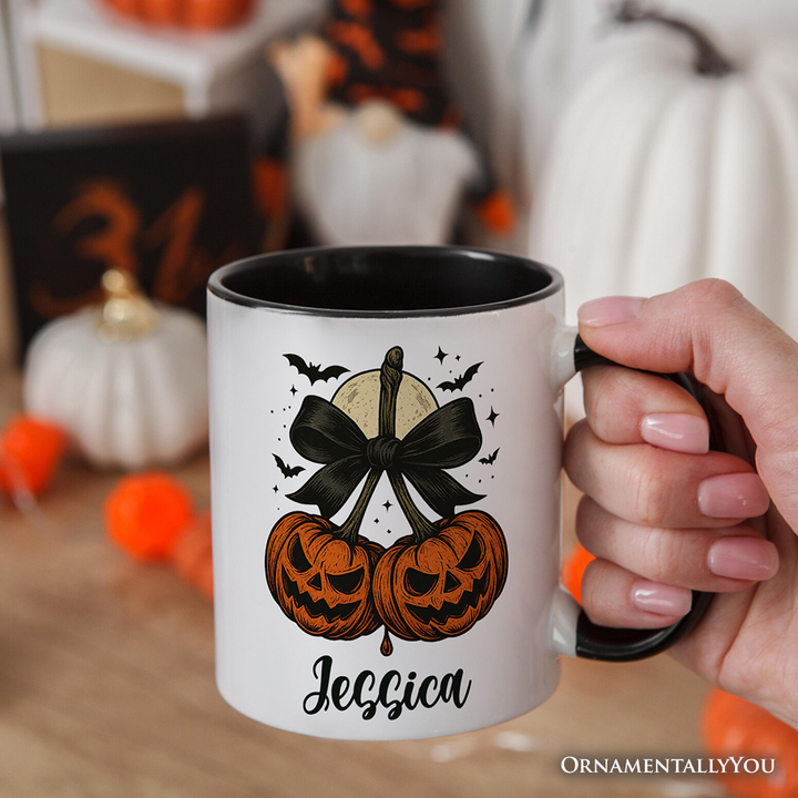 Pumpkin Cherries Coquette Bow Personalized Mug, Retro Halloween Gift with Custom Name