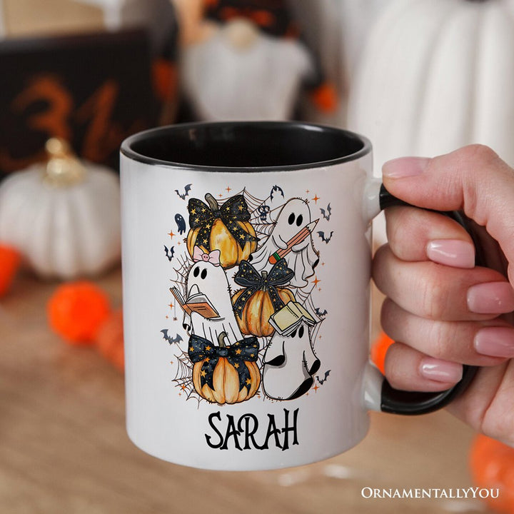 Cute Ghost Teacher Halloween Personalized Mug, Retro Boo Spooky School Gift with Custom Name Personalized Ceramic Mug OrnamentallyYou 