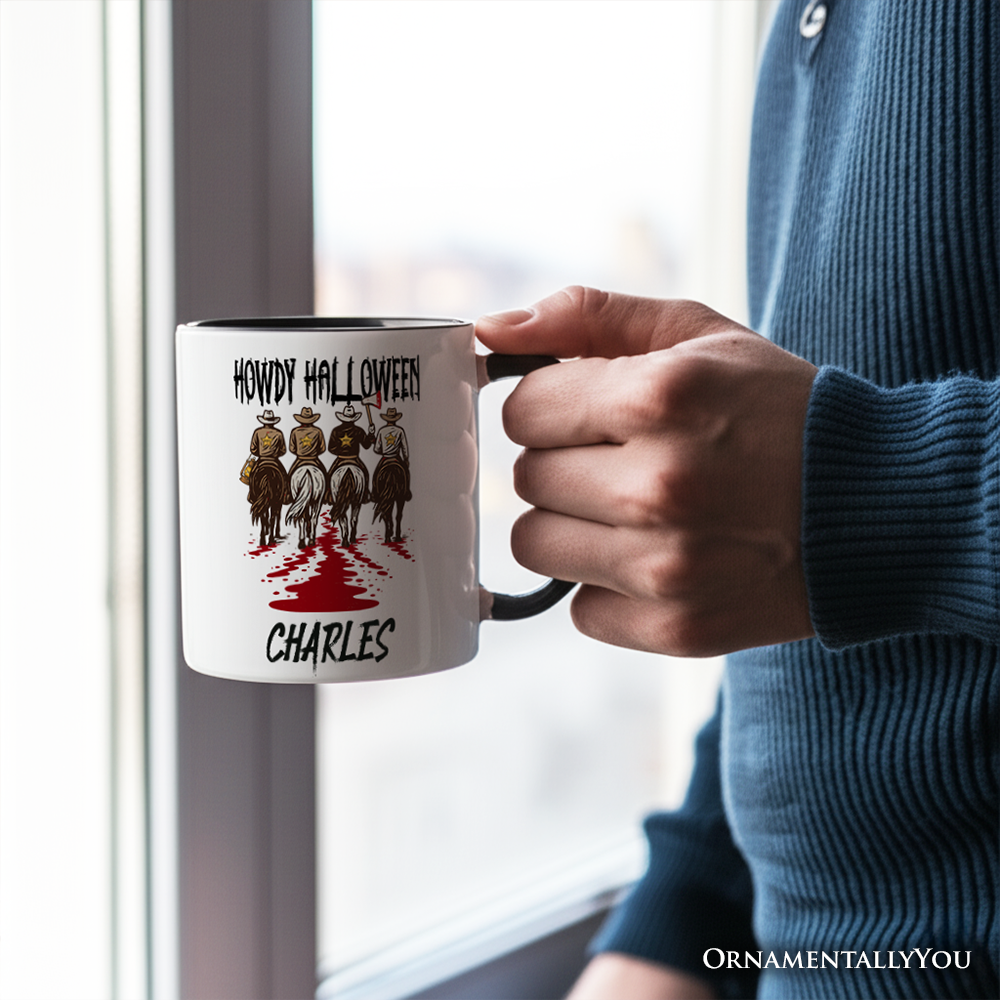 Howdy Halloween Cowboy Men Personalized Mug, Sheriff Western Riders Spooky Gift with Custom Name