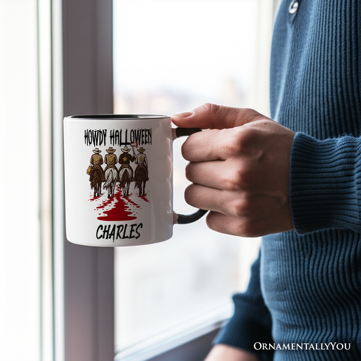 Howdy Halloween Cowboy Men Personalized Mug, Sheriff Western Riders Spooky Gift with Custom Name