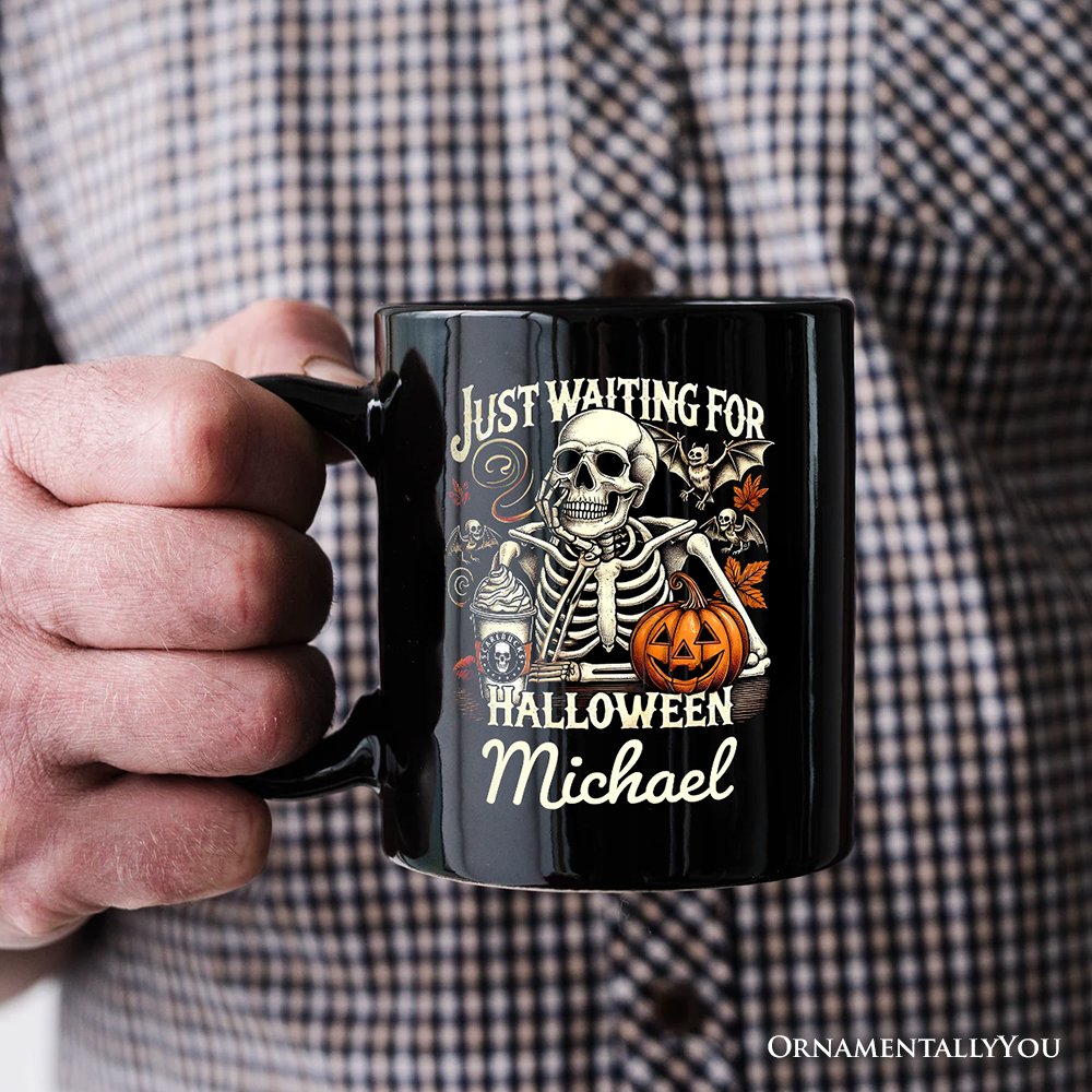 Just Waiting for Halloween Personalized Mug, Spooky Skeleton Gift with Custom Name Personalized Ceramic Mug OrnamentallyYou 
