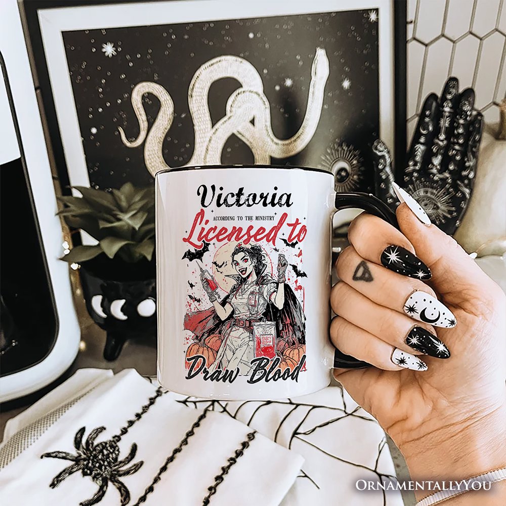 Licensed to Draw Blood Halloween Nurse Personalized Mug, Groovy Gift with Custom Name for Spooky Season Personalized Ceramic Mug OrnamentallyYou 