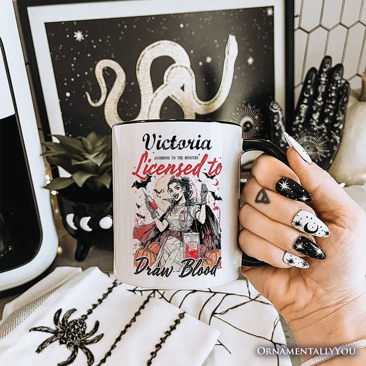 Licensed to Draw Blood Halloween Nurse Personalized Mug, Groovy Gift with Custom Name for Spooky Season Personalized Ceramic Mug OrnamentallyYou 