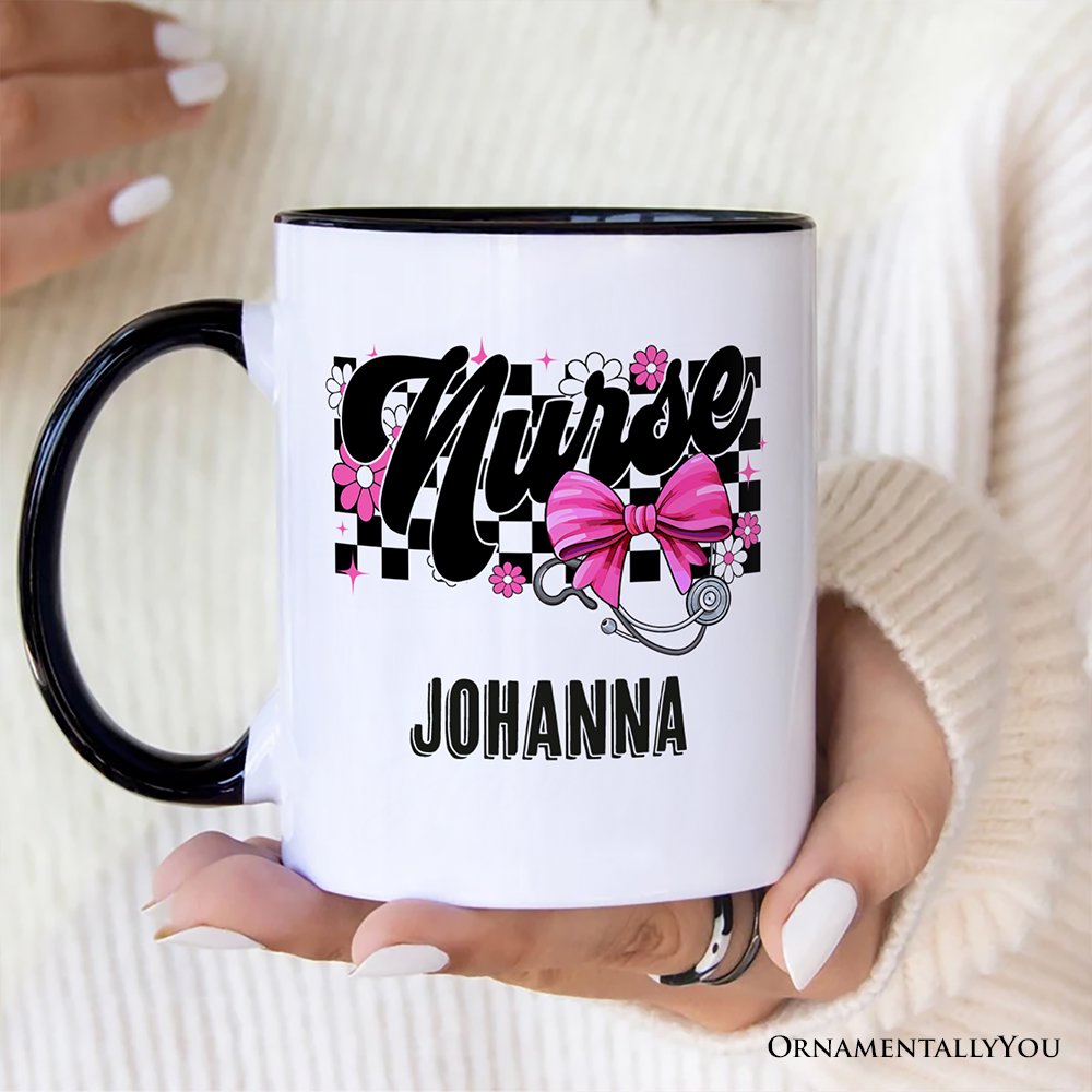 Nurse Floral Coquette Pink Bow Personalized Mug, Coquette Medical Worker Gift with Custom Name Personalized Ceramic Mug OrnamentallyYou 