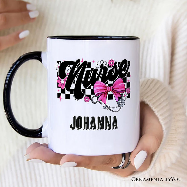 Nurse Floral Coquette Pink Bow Personalized Mug, Coquette Medical Worker Gift with Custom Name Personalized Ceramic Mug OrnamentallyYou 