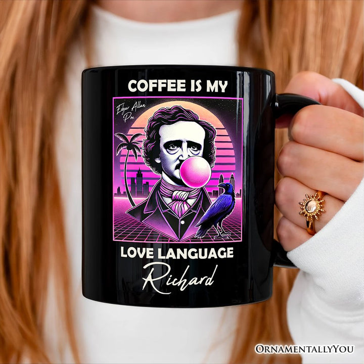 Synthwave 80's Styled Edgar Allan Poe Horror Personalized Mug, Vaperwave Classic Retro Neon Halloween Gift with Custom Name Personalized Ceramic Mug OrnamentallyYou 
