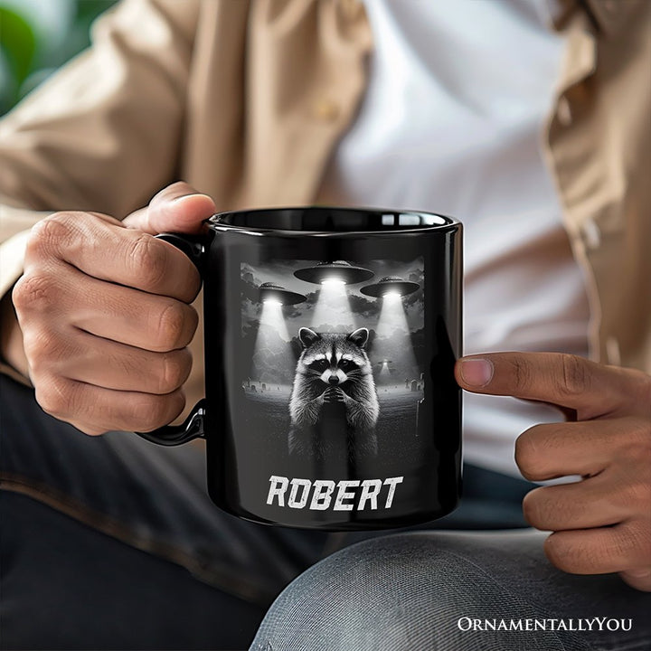 Funny Raccoon UFO Personalized Mug, Unisex Black Gift with Custom Name Personalized Ceramic Mug OrnamentallyYou 
