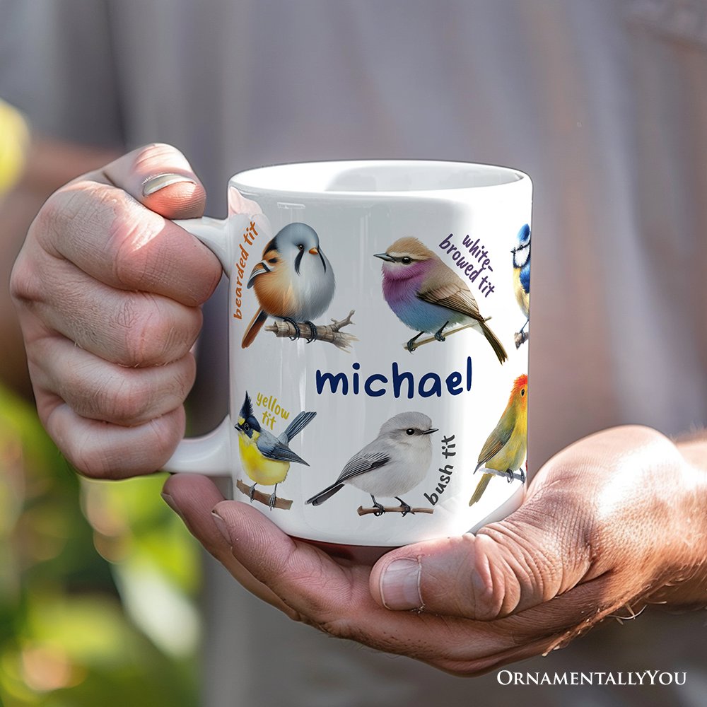Whimsical Bird Tit Personalized Mug, Funny Birdwatcher Gift for Birder With Custom Name Personalized Ceramic Mug OrnamentallyYou 