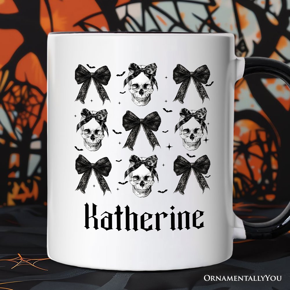Coquette Skulls and Bows Personalized Mug, Gothic & Stylish Halloween Gift with Custom Name Personalized Ceramic Mug OrnamentallyYou White - Black Customized 