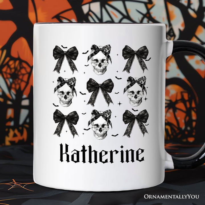 Coquette Skulls and Bows Personalized Mug, Gothic & Stylish Halloween Gift with Custom Name Personalized Ceramic Mug OrnamentallyYou White - Black Customized 