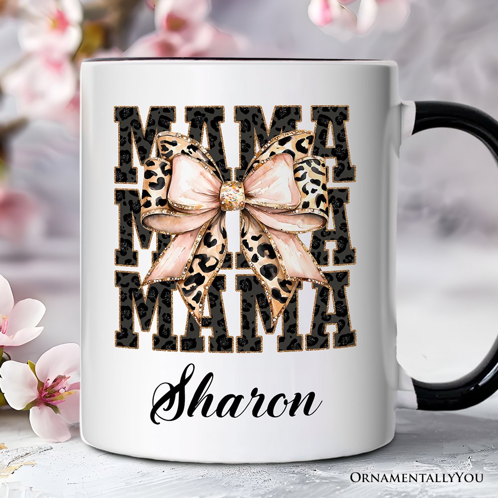 Glitter Leopard Mama Personalized Mug, Coquette Bow Glam Gift with Custom Name Personalized Ceramic Mug OrnamentallyYou White - Black Customized 
