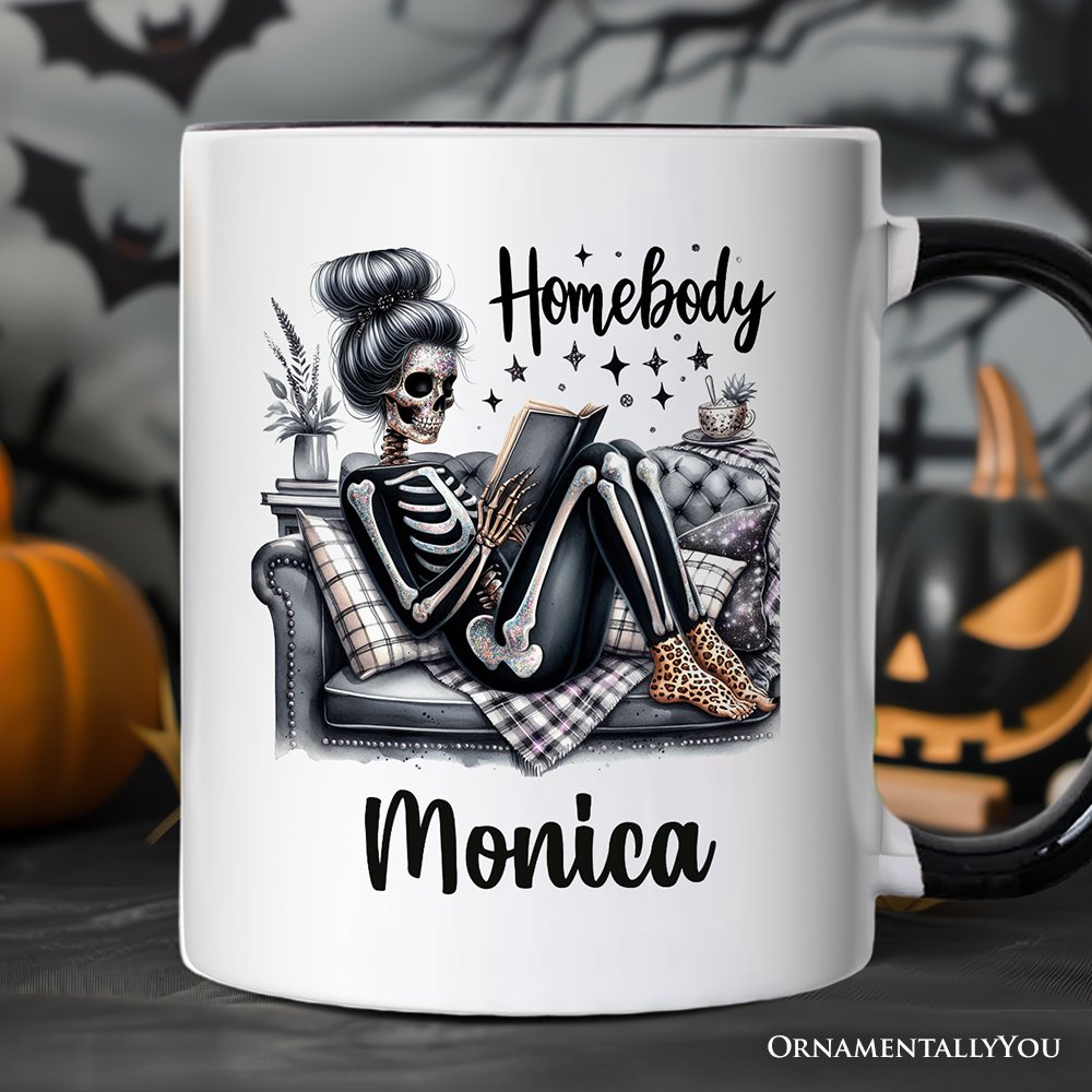 Homebody Reading Skeleton Personalized Mug, Funny Lazy Selfcare Gift with Custom Name Personalized Ceramic Mug OrnamentallyYou White - Black Customized 