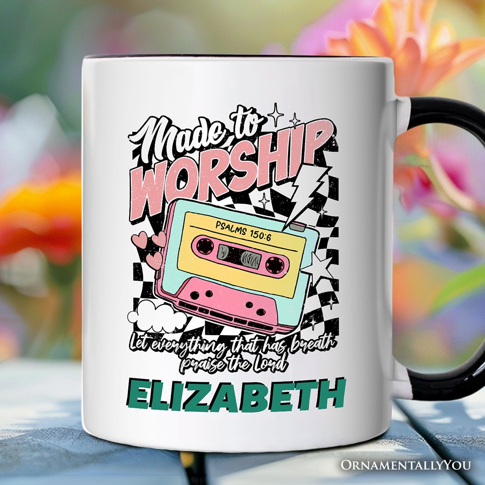 Made to Worship Christian Retro Personalized Mug, Psalm 150:6 Bible Verse Gift with Custom Name Personalized Ceramic Mug OrnamentallyYou White - Black Customized 