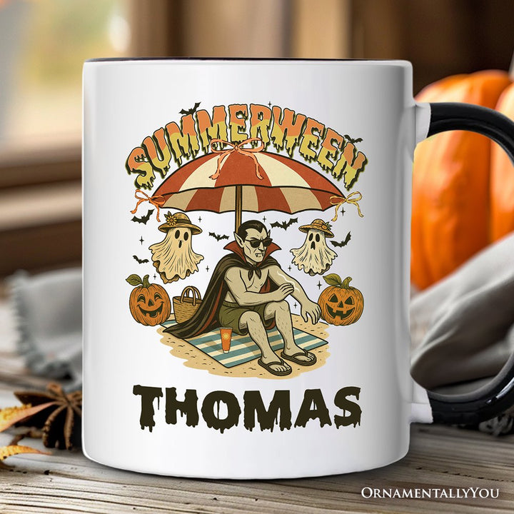 Summerween Vampire Dracula Personalized Mug, Retro Halloween Beach Gift with Custom Name for Horror Spooky Summer Season Personalized Ceramic Mug OrnamentallyYou White - Black Customized 