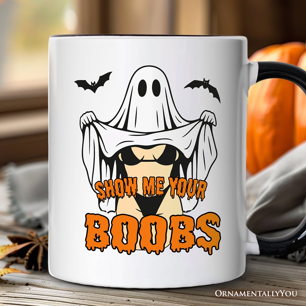 Show Me Your Boobs Halloween Personalized Mug, Funny Naughty Pun Ghost Gift with Custom Name Personalized Ceramic Mug OrnamentallyYou 