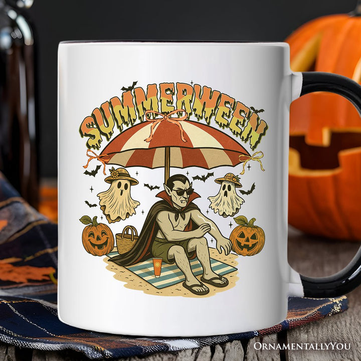 Summerween Vampire Dracula Personalized Mug, Retro Halloween Beach Gift with Custom Name for Horror Spooky Summer Season Personalized Ceramic Mug OrnamentallyYou 