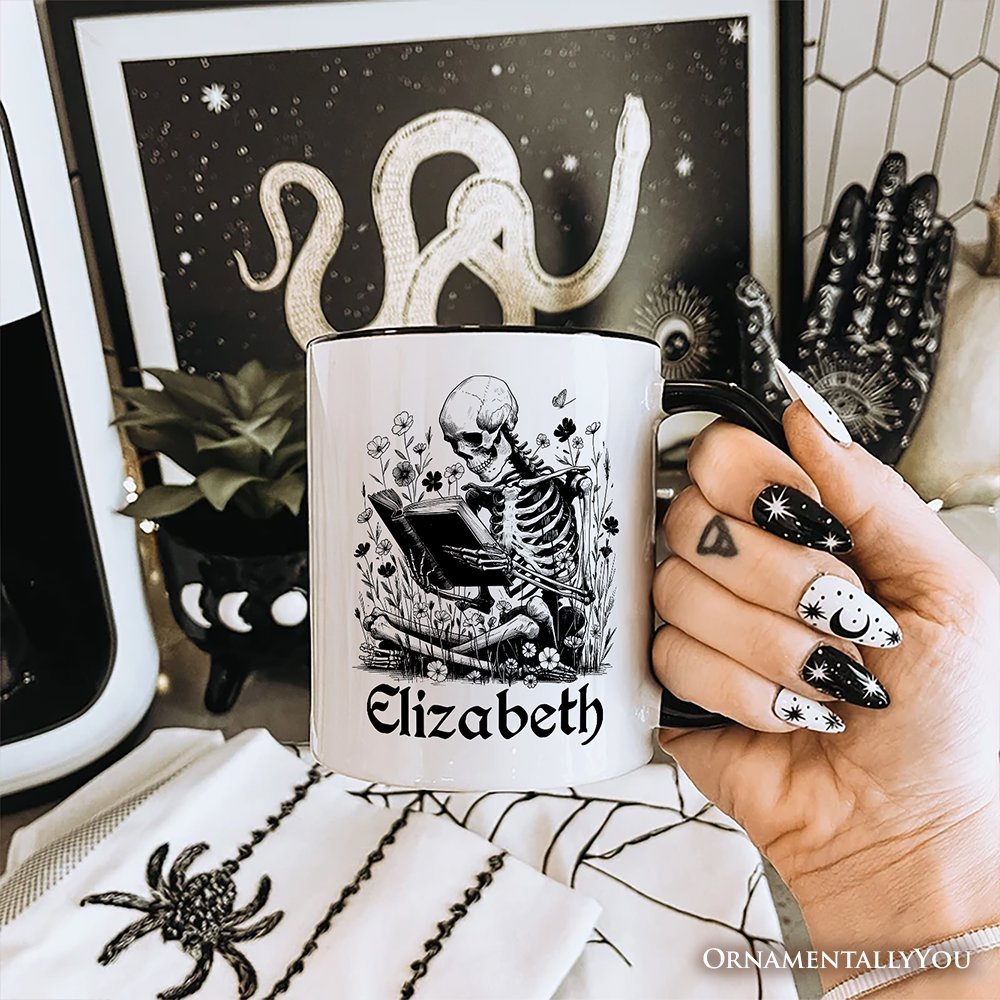 Gothic Reading Skeleton Personalized Mug, Floral Halloween Gift with Custom Name Personalized Ceramic Mug OrnamentallyYou 