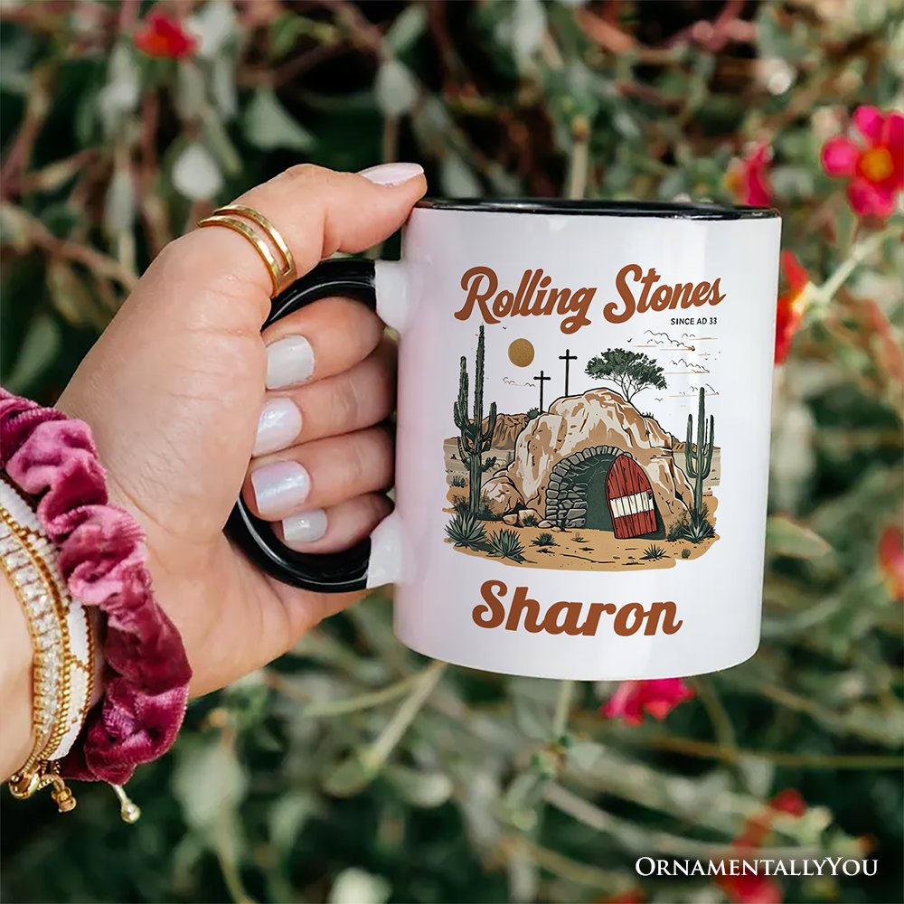 Rolling Stones Christian Personalized Mug, He is Risen Easter Gift with Custom Name Personalized Ceramic Mug OrnamentallyYou 