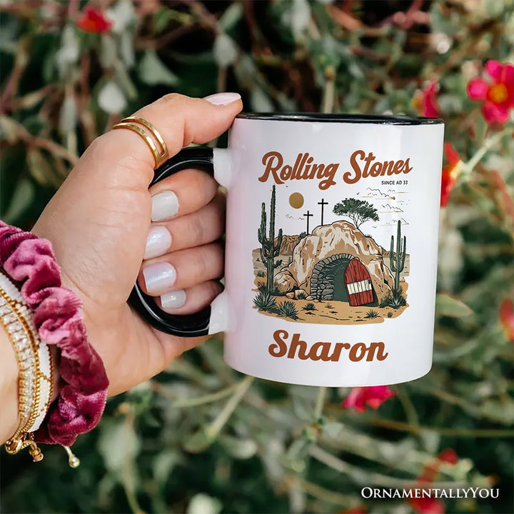 Rolling Stones Christian Personalized Mug, He is Risen Easter Gift with Custom Name Personalized Ceramic Mug OrnamentallyYou 
