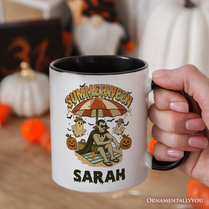 Summerween Vampire Dracula Personalized Mug, Retro Halloween Beach Gift with Custom Name for Horror Spooky Summer Season Personalized Ceramic Mug OrnamentallyYou 