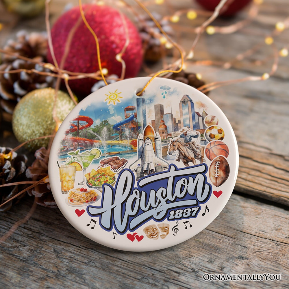 Artistic Houston Ceramic Ornament, Texas Souvenir with Vintage City Elements and Space Shuttle Ceramic Ornament OrnamentallyYou 