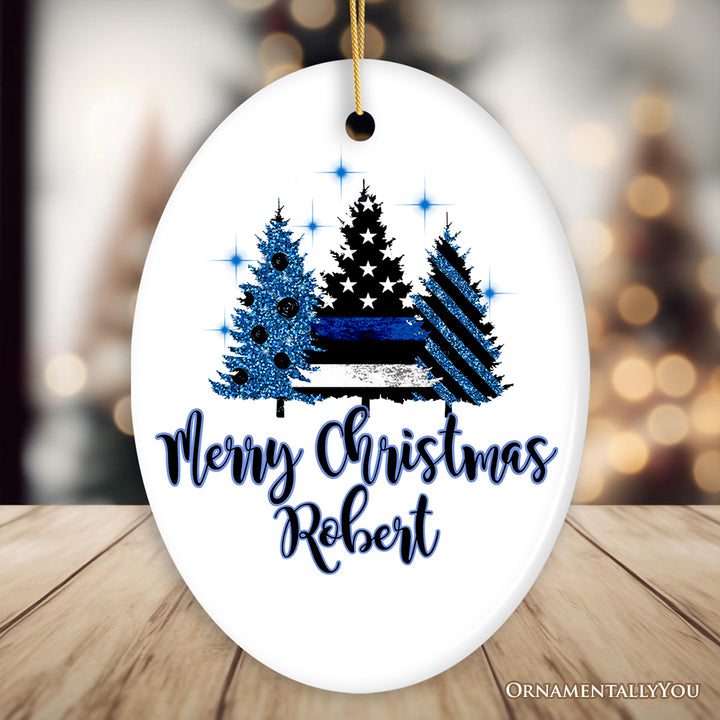 Personalized Police Officer Back The Blue Merry Christmas Trees Ornament, Retirement Gift