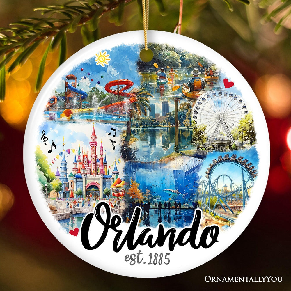 Tropically Wonderful Orlando Ceramic Ornament, Vintage Florida Souvenir with Universal Park and Space Station Ceramic Ornament OrnamentallyYou Circle Version 2 
