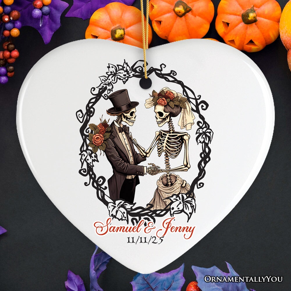 Vintage & Artistic Skeleton Wedding Custom Ornament, First Halloween Married Custom Gift Ceramic Ornament OrnamentallyYou Heart 