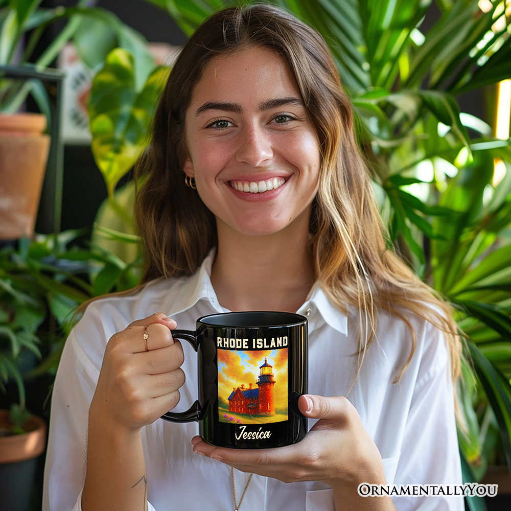Charming Rhode Island State Southeast Lighthouse Personalized Mug, Block Island Coastal Landmark Gift and Seaside Souvenir with Custom Name