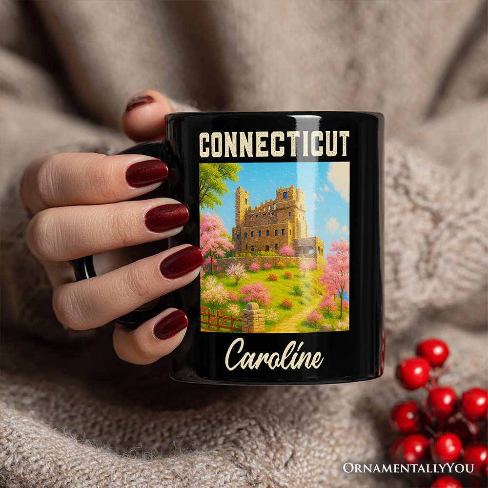 Charming Connecticut State Gillette Castle Personalized Mug, Historic Landmark Gift and New England Travel Keepsake Souvenir with Custom Name
