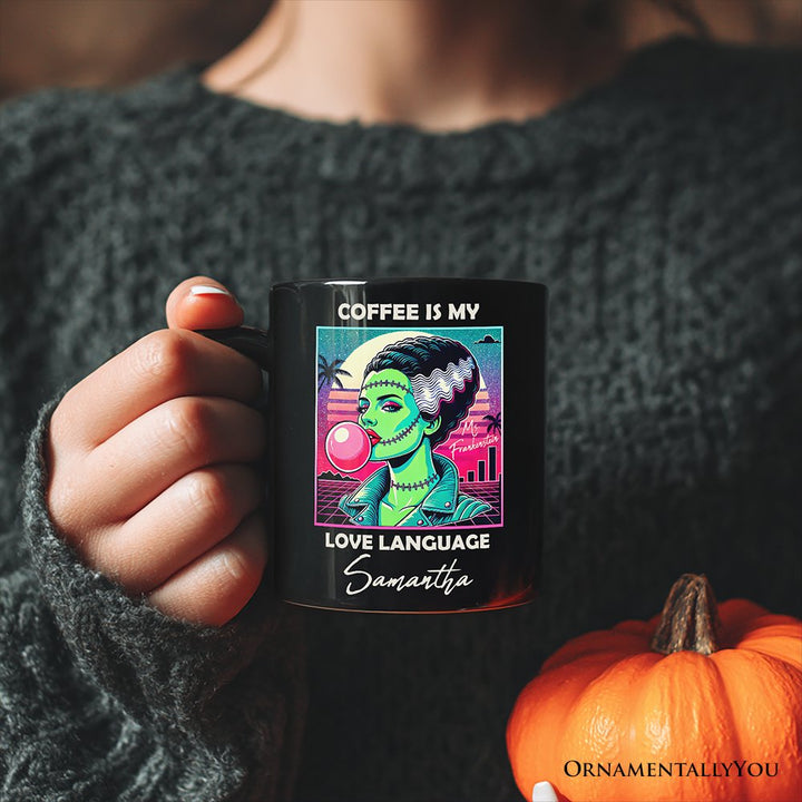 Vaperwave Mrs Frankenstein Bride Retro Neon Horror Personalized Mug, Synthwave 80's Styled Classic Halloween Gift with Custom Name Personalized Ceramic Mug OrnamentallyYou 