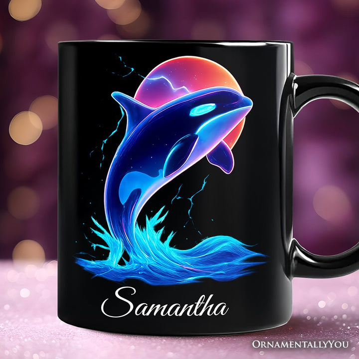 Orca Neon Synthwave Retro Personalized Mug, Vaporwave Sunset Ocean Gift with Custom Name Personalized Ceramic Mug OrnamentallyYou Black Customized 