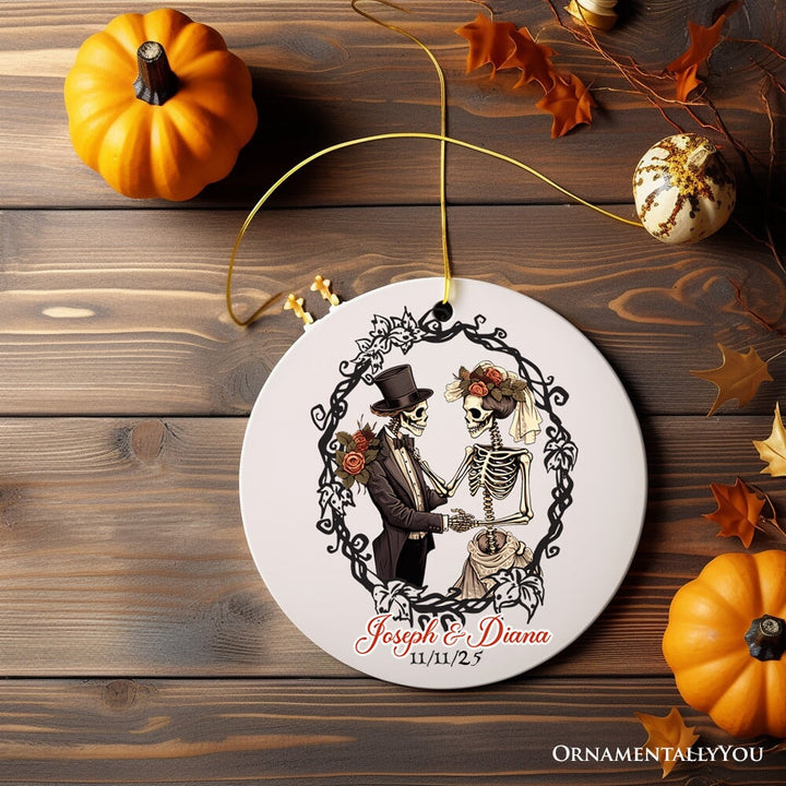 Vintage & Artistic Skeleton Wedding Custom Ornament, First Halloween Married Custom Gift Ceramic Ornament OrnamentallyYou Circle 