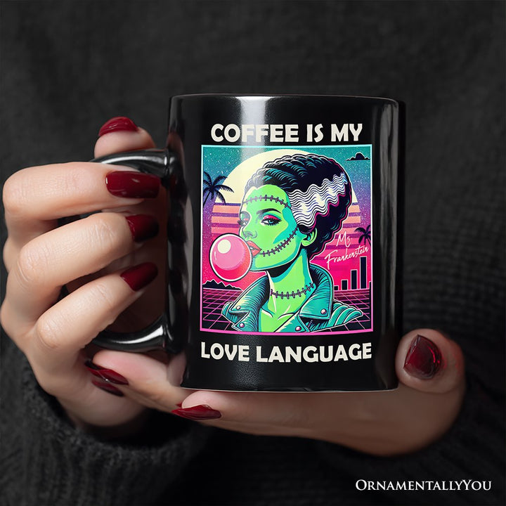 Vaperwave Mrs Frankenstein Bride Retro Neon Horror Personalized Mug, Synthwave 80's Styled Classic Halloween Gift with Custom Name Personalized Ceramic Mug OrnamentallyYou 
