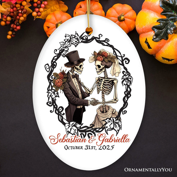 Vintage & Artistic Skeleton Wedding Custom Ornament, First Halloween Married Custom Gift Ceramic Ornament OrnamentallyYou Oval 