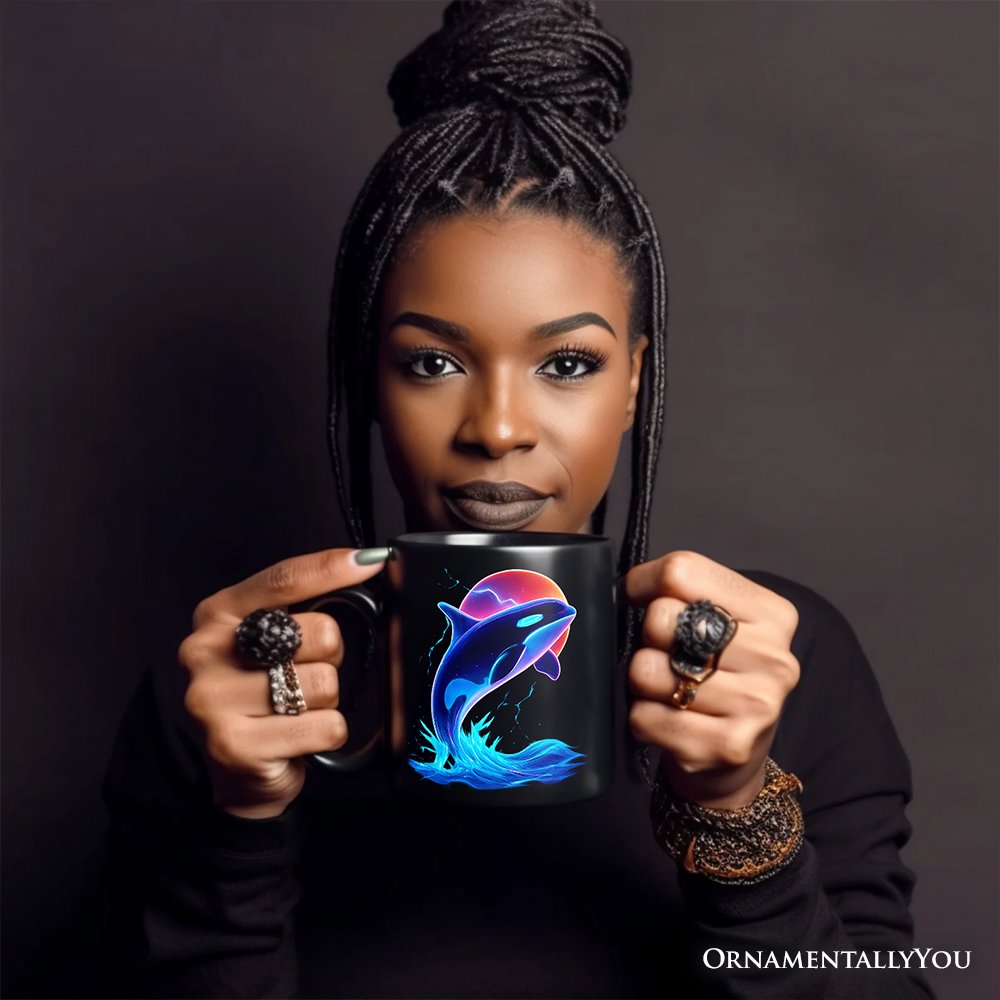 Orca Neon Synthwave Retro Personalized Mug, Vaporwave Sunset Ocean Gift with Custom Name Personalized Ceramic Mug OrnamentallyYou 