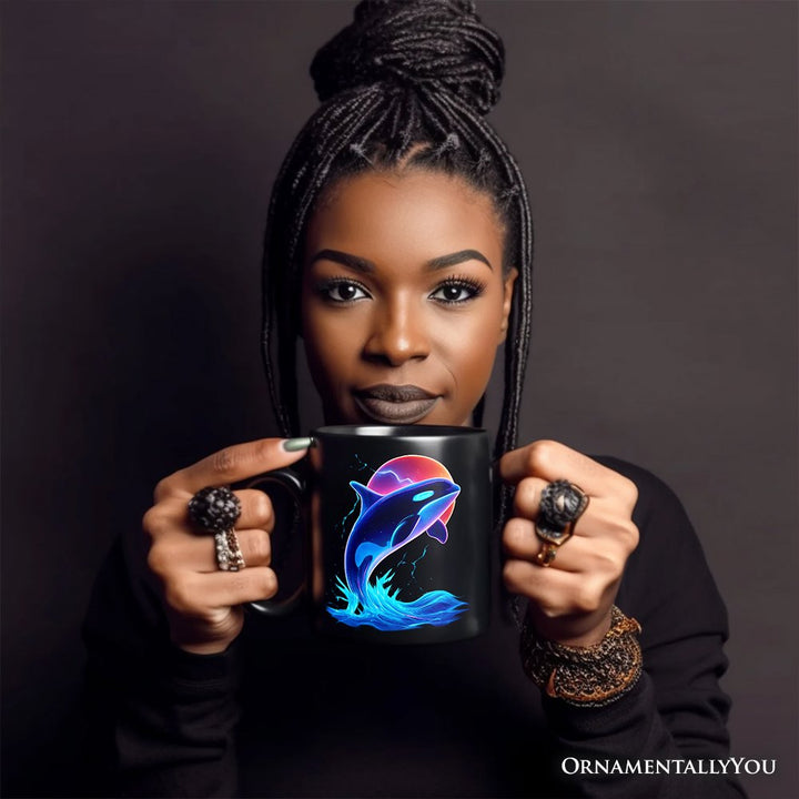 Orca Neon Synthwave Retro Personalized Mug, Vaporwave Sunset Ocean Gift with Custom Name Personalized Ceramic Mug OrnamentallyYou 