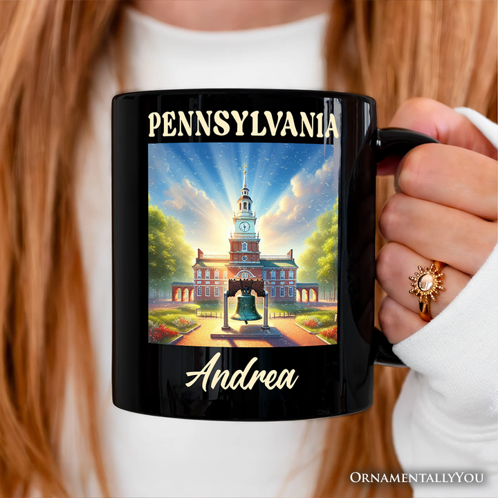 Historic Liberty Bell and Independence Hall Pennsylvania State Personalized Mug, Colonial Landmark Gift and Travel Souvenir with Custom Name