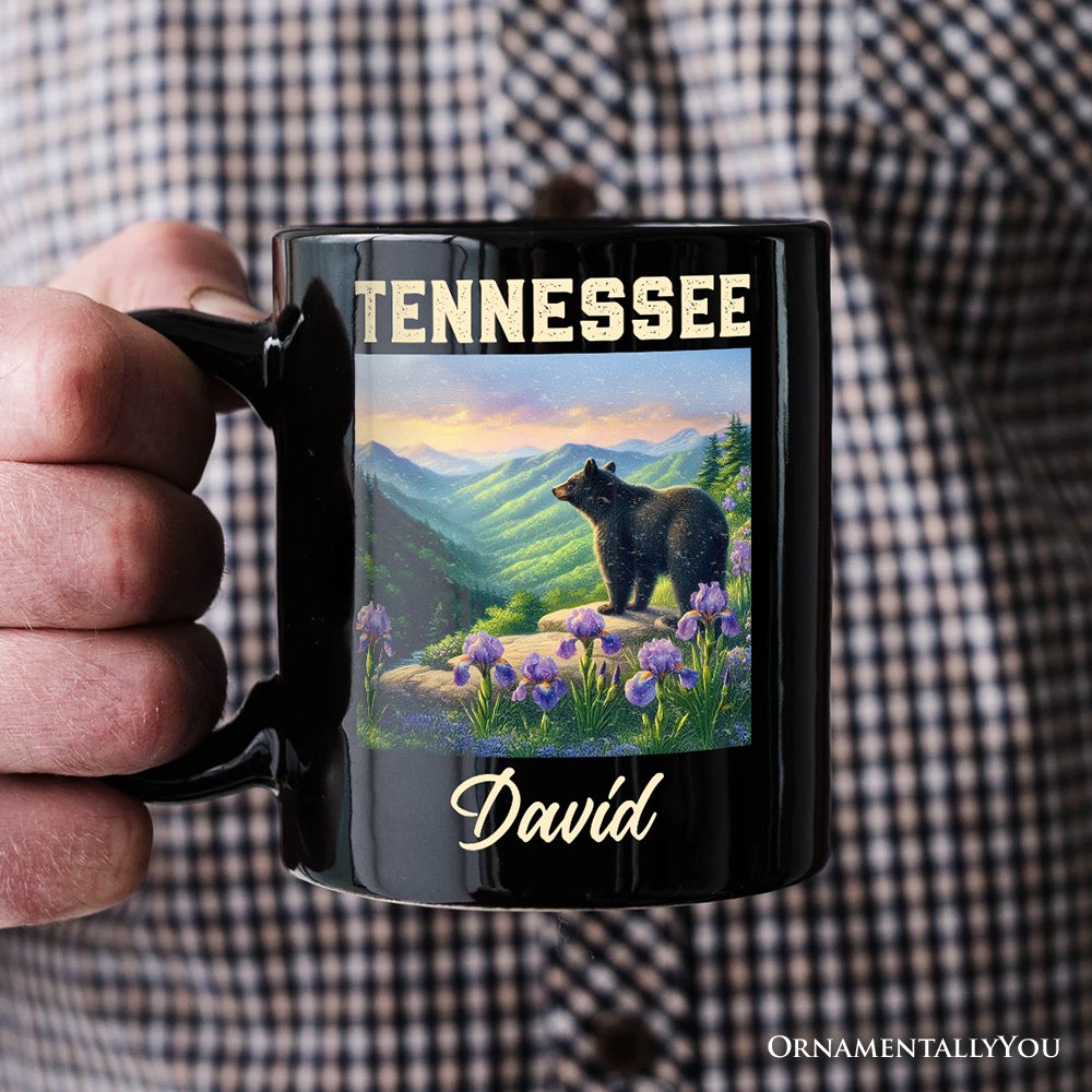 Scenic Tennessee State Great Smoky Mountains Personalized Mug, Black Bear and Wildflower Nature Gift and Travel Souvenir with Custom Name Personalized Ceramic Mug OrnamentallyYou 