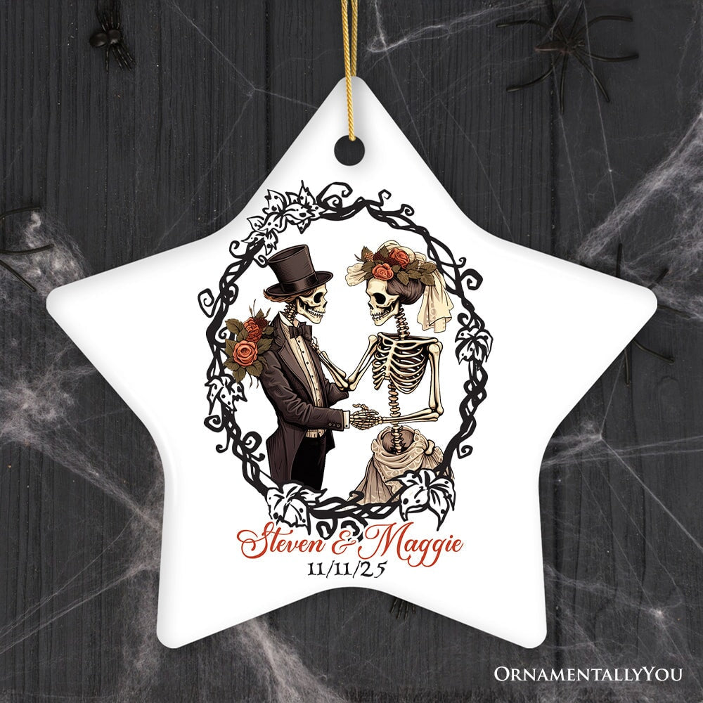 Vintage & Artistic Skeleton Wedding Custom Ornament, First Halloween Married Custom Gift Ceramic Ornament OrnamentallyYou Star 