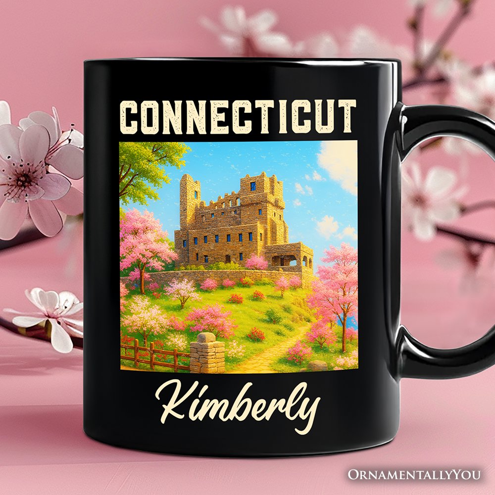 Charming Connecticut State Gillette Castle Personalized Mug, Historic Landmark Gift and New England Travel Keepsake Souvenir with Custom Name Personalized Ceramic Mug OrnamentallyYou Black Customized 