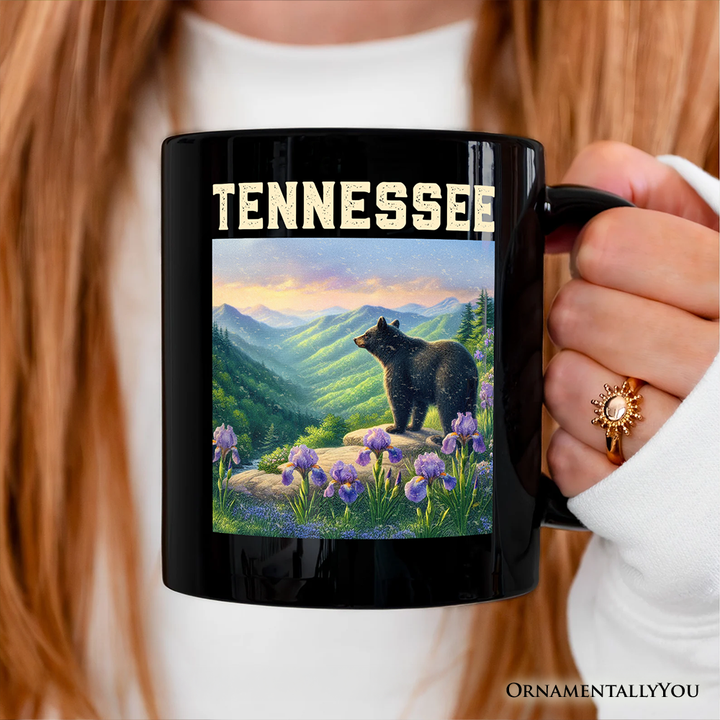 Scenic Tennessee State Great Smoky Mountains Personalized Mug, Black Bear and Wildflower Nature Gift and Travel Souvenir with Custom Name