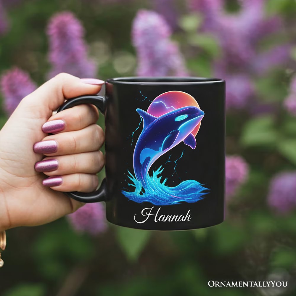 Orca Neon Synthwave Retro Personalized Mug, Vaporwave Sunset Ocean Gift with Custom Name Personalized Ceramic Mug OrnamentallyYou 