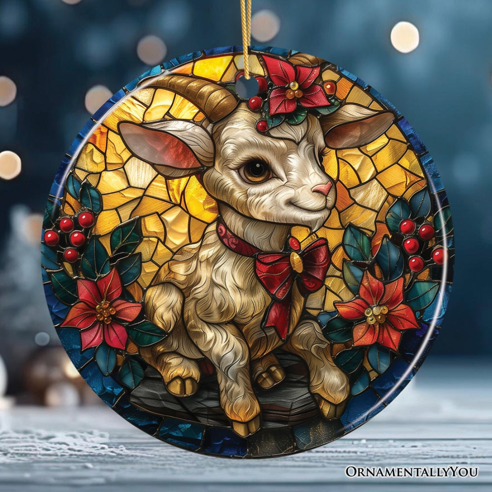 Elegant Goat Stained Glass Theme Ceramic Ornament, Billy Buck and Doe Mountain Animal Decor Ceramic Ornament OrnamentallyYou Circle Version 2 