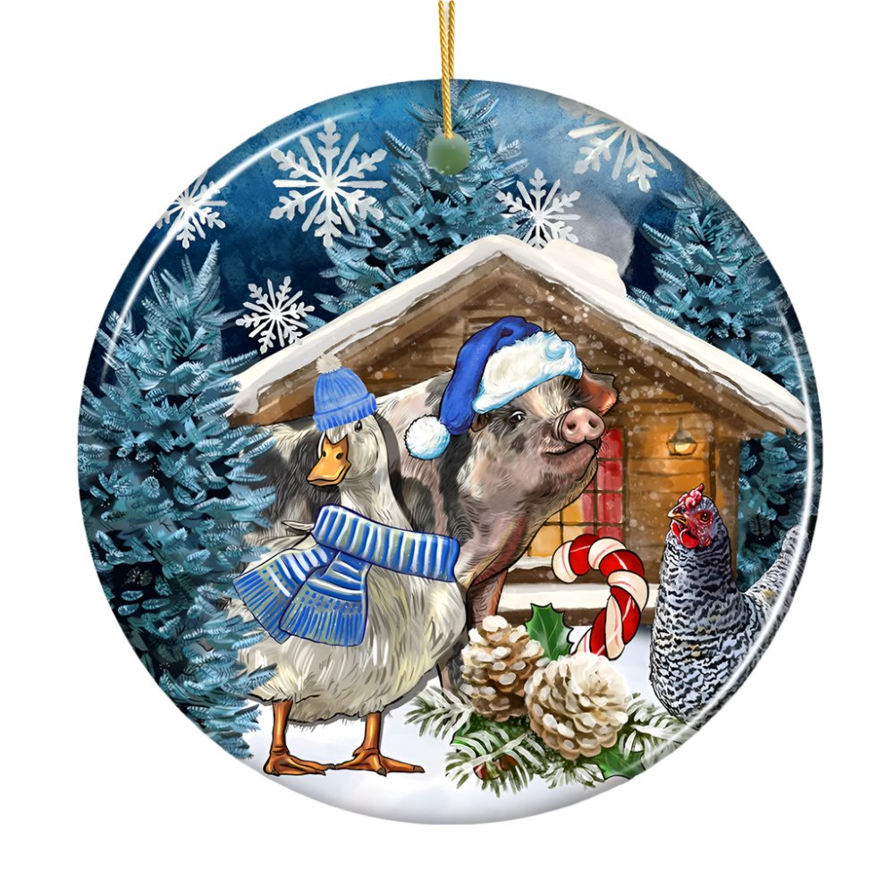 Charming Winter Farm Cabin and Animals Ceramic Christmas Ornament, Duck, Pig, and Chicken Ceramic Ornament OrnamentallyYou 