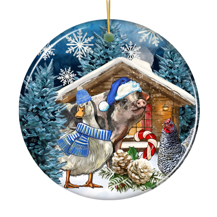 Charming Winter Farm Cabin and Animals Ceramic Christmas Ornament, Duck, Pig, and Chicken